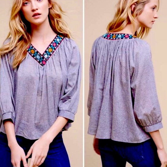 Anthropologie Eri + Ali Boho Embroidered V-Neck Flowy Top Small - Picture 13 of 13